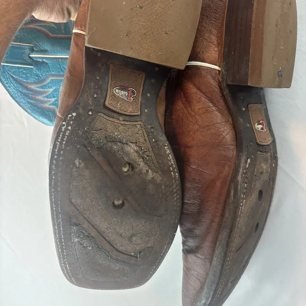 Justin Made in USA Square Toe Western Cowboy Brown Blue Leather Boots 13D Mens